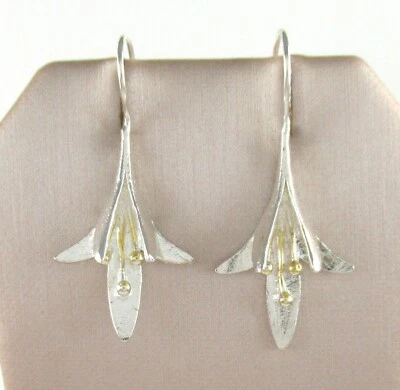 .925 Sterling Silver Lilly Earrings Two Tone Yellow Gold Hummingbird Flower - Image 1 of 2