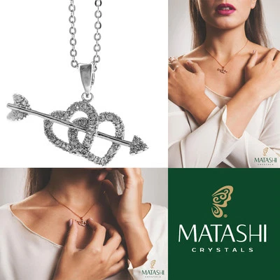 Collar enchapado en rodio de 16" con flecha de Cupido doble corazón y cristales de Matashi Foto 1 de 4