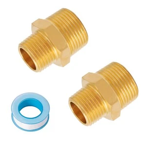 2 Pack 3/4 inch NPT x 1/2 inch NPT Male Hex Nipple Reducer, Reducing Brass Pipe - Picture 1 of 7