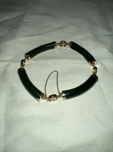 14 Karat Yellow Gold Green Jade Gemstone 7" Asian Bracelet 19g - Picture 1 of 8