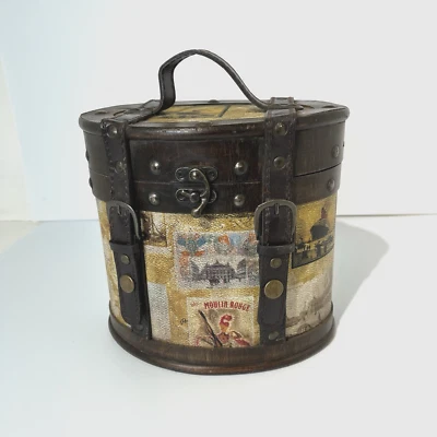 Sombrero de Viaje Redondo Vintage Cuero y Madera Caja Moulin Rouge Línea Cunard Foto 1 de 4