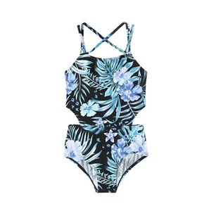 Girls' One Piece Leopard Swimwear Cut Out Spaghetti Straps Swimsuit Floral Be... - Picture 1 of 8