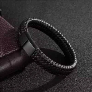 Magnetic Stainless Steel Mens Leather Wrist Braided Bracelet Wristband Bangle AU - Picture 1 of 6