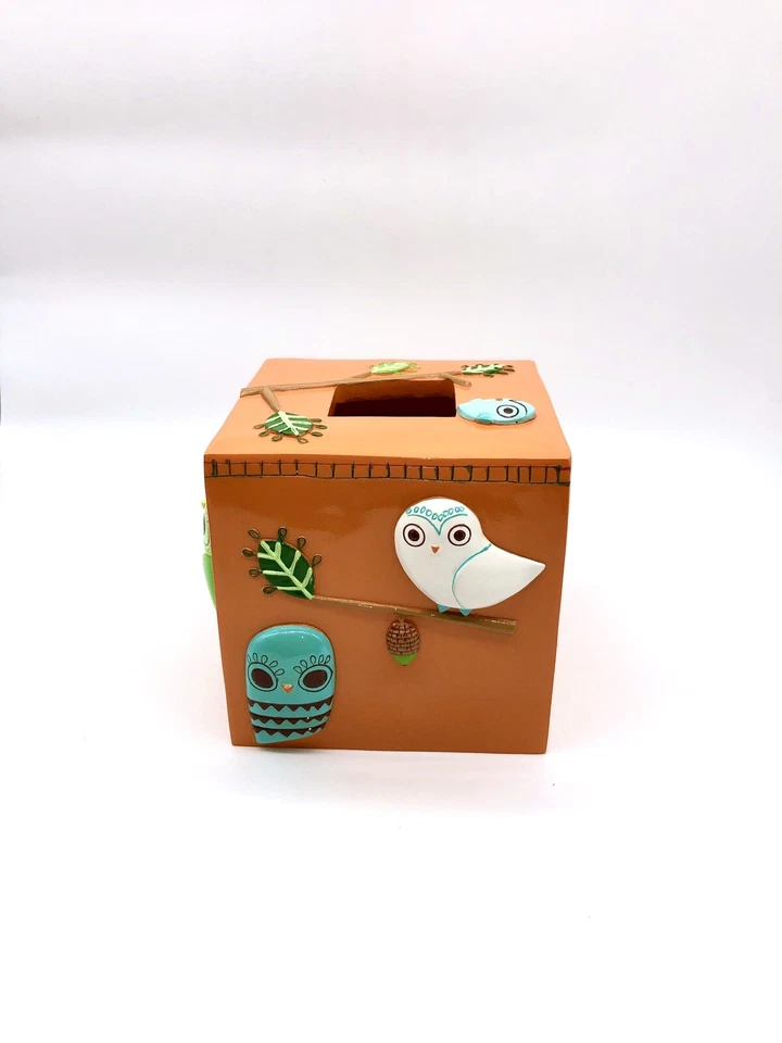 New Creative Bath Orange Give a Hoot Owl Resin Tissue Box Cover Fall Farmhouse - Image 1 of 4