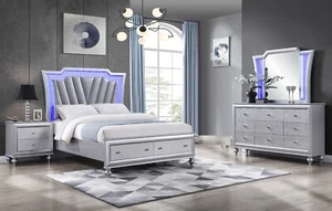 4pc Modern LED Light King Panel Upholstered Storage Bed Bedroom Set Silver - Picture 1 of 7