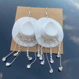 Delicate Western Cowgirl Rhinestone Hat Shaped Earrings - Tassel Dangle, Bohemia - Picture 1 of 3