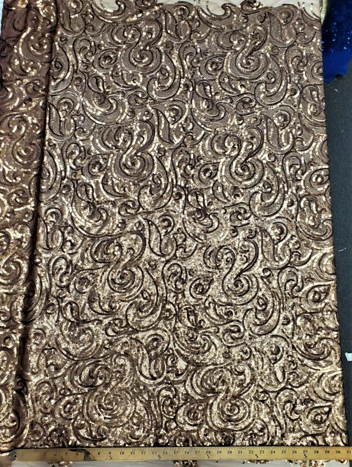 Matte Coffee Curly Sequin Fabric on Poly Mesh "The Spiral Sequin" - BTY  - Image 1 of 4