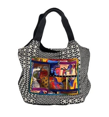 Laurel Burch Horse Zip Tote Bag Purse Canvas Print Animals Geometric Southwest - Image 1 of 4