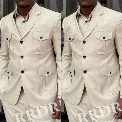 Chaqueta de safari beige para hombre alojamiento de negocios traje oficial diario 2 piezas Foto 1 de 4