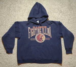 Vintage Fighting Illini Hoodie Men's XL Blue Raised Print Sweatshirt NCAA USA - Picture 1 of 15