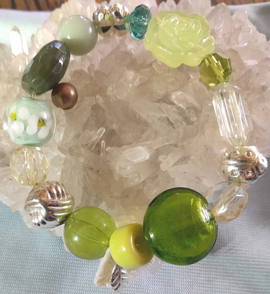 Stretch Bracelet W/Glass, Lucite & Metal Beads Butterfly Lady Bug Clover - Image 1 of 3