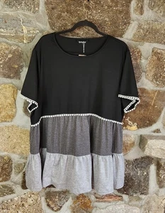 BLOOMCHIC 18-20 2X Plus Black Gray Tiered T-shirt NWT Pom Pom Fringe  - Picture 1 of 11
