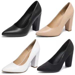 Women High Chunky Pumps Block Heels Pointed Toe Wedding Party Work Dress Shoes - Picture 1 of 16