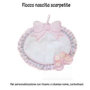 FIOCCO NASCITA SCARPETTE COCCARDA ROSA CELESTE TELA AIDA RICAMO REGALO AUGURI - Imagen 1 de 4