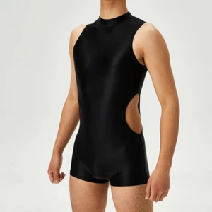 Men Sleeveless Bodysuit Jumpsuit Hollow Out Ntlon Oiled Sexy Lingerie Catsuit - Picture 1 of 27