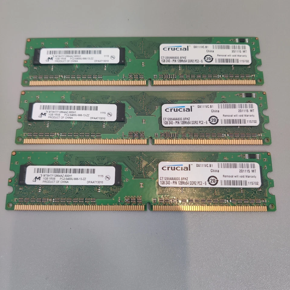 3x Crucial 1GB 240-pin Memory DDR2 128Mx64 PC2-5300U CT12864AA667.8FHZ - Image 1 of 4