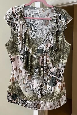 Dressbarn Top Artsy 粉色花卉荷叶边异想天开的波西米亚吉普赛女式 XL — 第 1/2 张图片