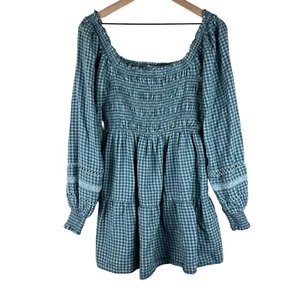 American Eagle Blue Plaid Smocked Long Sleeve Mini Dress Size Small - Picture 1 of 6