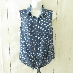 Eden & Olivia Top S Small Blue Anchor Print Tie Front Button Up Nautical Preppy - Picture 1 of 6