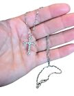 Cubic Zirconia Cross Pendant Necklace 16" 14k Solid White Gold Singapore Chain &