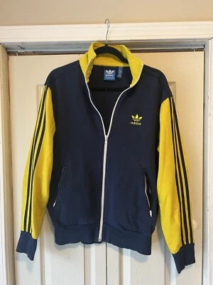 Suéter Adidas Azul Marino/Amarillo Cremallera Completa Michigan Talla M-NCAA Rayas Retro  Foto 1 de 4