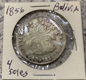 1856 FJ Bolivia 4 Soles Silver Coin Simon Bolivar Free Shipping USA Nice Coin - Picture 1 of 4