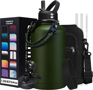 Half-Gallon Insulated Water Bottle with Straw Stainless Steel Thermos Flask Jug - Picture 1 of 8