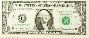 1977 A 1 $ Federal Reserve Schein H Stempelglanz H01777777D Fancy Serial 6 ofakind - Bild 1 von 4