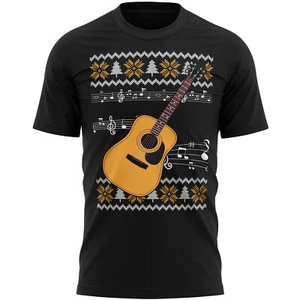 Guitar Christmas T Shirt Acoustic Instrument Him String Fair Isle Guitarist Mens - Picture 1 of 11