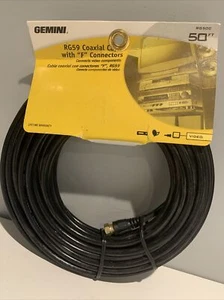 Gemini 50' RG59 Coaxial Cable Video RG50C Black 75 ohm F Connectors Both Ends - Picture 1 of 4