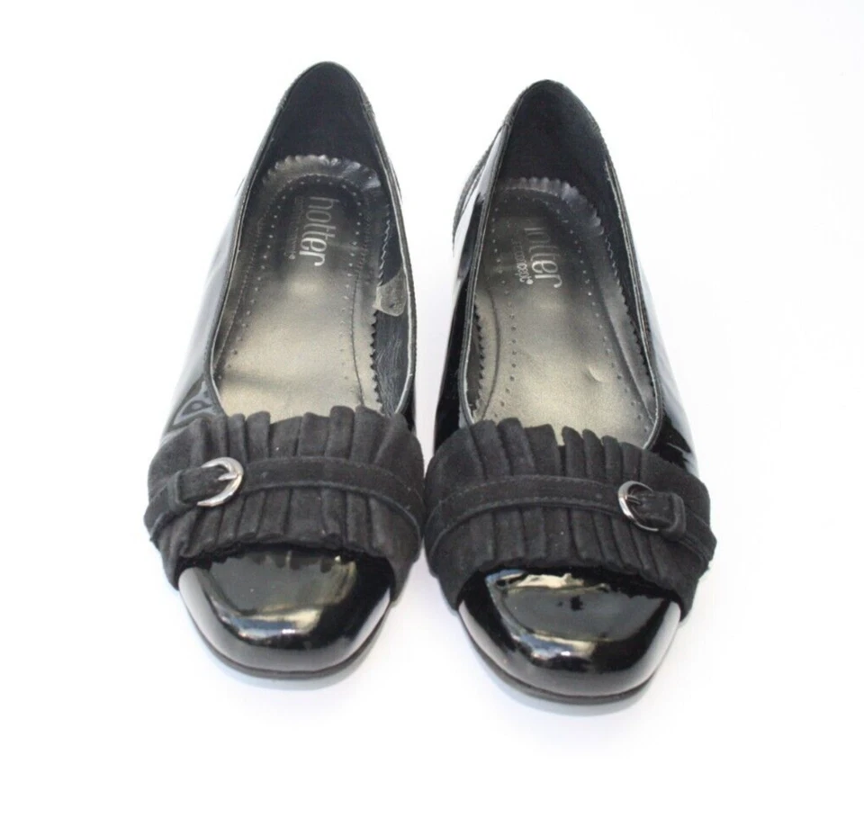 HOTTER 'Velvet Black Patent + Suede Low Heel Court Shoes Wide EE UK 5.5 - Image 1 of 4