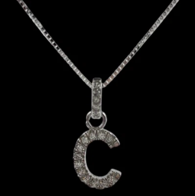 Collana argento 925 lettera C iniziale uomo donna laccio e ciondolo brillantato. - Immagine 1 di 4