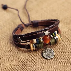 BOHO CANCER Leather 4 Layer Wood Metal Glass bread Bracelet Adjustable Unisex - Picture 1 of 7