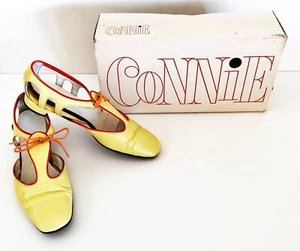 Vintage Mod Connie Low Block Heel Shoes Cut Out Yellow Orange Groovy Go Go - Picture 1 of 11
