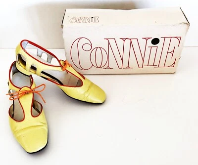 Vintage Mod Connie Low Block Heel Shoes Cut Out Yellow Orange Groovy Go Go - Image 1 of 4