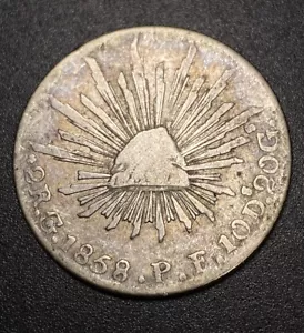 México 1858 Guanajuato PF 2 Gorra de Plata Real y Rayos Águila Mundo Moneda Rara - Imagen 1 de 11