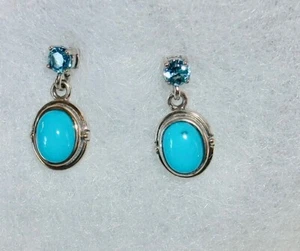 Dangle turquoise & blue topaz stud earrings-sterling silver 3/4" long estate - Picture 1 of 5