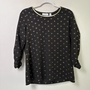 Susan Graver Crinkle Knit Tunic Size S Black Gold Foil Dots Ruched Sleeves - Picture 1 of 11