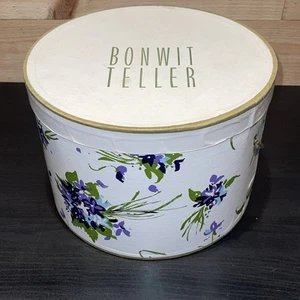 Vintage Bonwit Teller Round Hat Box Purple Flowers 11-3/4" x 8 1/2" RARE HTF MCM - Picture 1 of 17