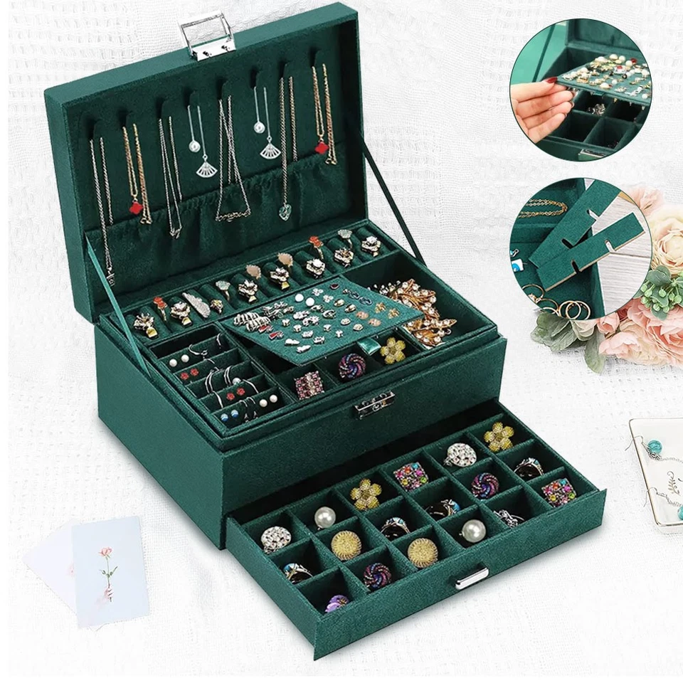 Large Jewellery Boxes Leather Fashion Storage Drawer Cabinet Necklace Organizer