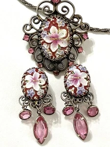 Frühe signierte Hobe geformte Glas Blumen Halskette und Ohrringe Set rosa silberfarben - Bild 1 von 19