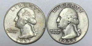 1957-D and 1958-D 25C Washington Quarters 90% Silver - Picture 1 of 4