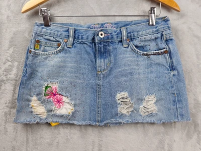 Falda Miss Me Para Mujer Mediana Mini Bolsillos Denim Azul Bordado Envejecido Foto 1 de 4