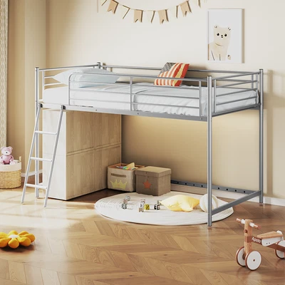 Low Loft Bed with Inclined Ladder Twin over Loft Bunk Bed ndustrial Metal Pink - Image 1 of 4