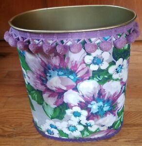 Vtg Hand Made Purple Floral Pattern Metal Trash Can Waste Basket Shabby Chic