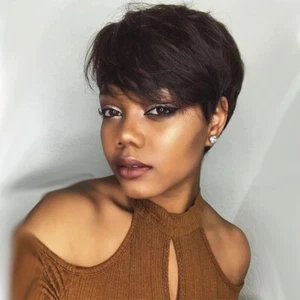 Short Pixie Cut Straight Wig with Bangs Black Human Hair Wigs Glueless Daily Use - Picture 1 of 10