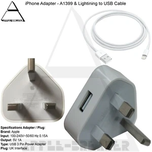 Genuino Apple Enchufe USB Adaptador Cargador Lightning Cable USB para iPhone 8 plus Reino Unido - Imagen 1 de 3