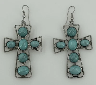 Howlite Southwestern Style Cross Dangle Faux Turquoise Pierced Hook Earrings - Image 1 of 4