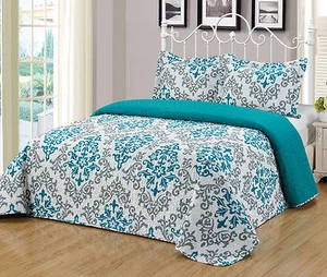 3Pc Reversible Quilt Set Bedspread Bedding Coverlet Set Floral King - Picture 1 of 3