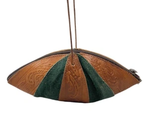VINTAGE 70s TAN BROWN FOREST GREEN STAMPED LEATHER BOHO FOLK MINATURE COIN BAG - Picture 1 of 5
